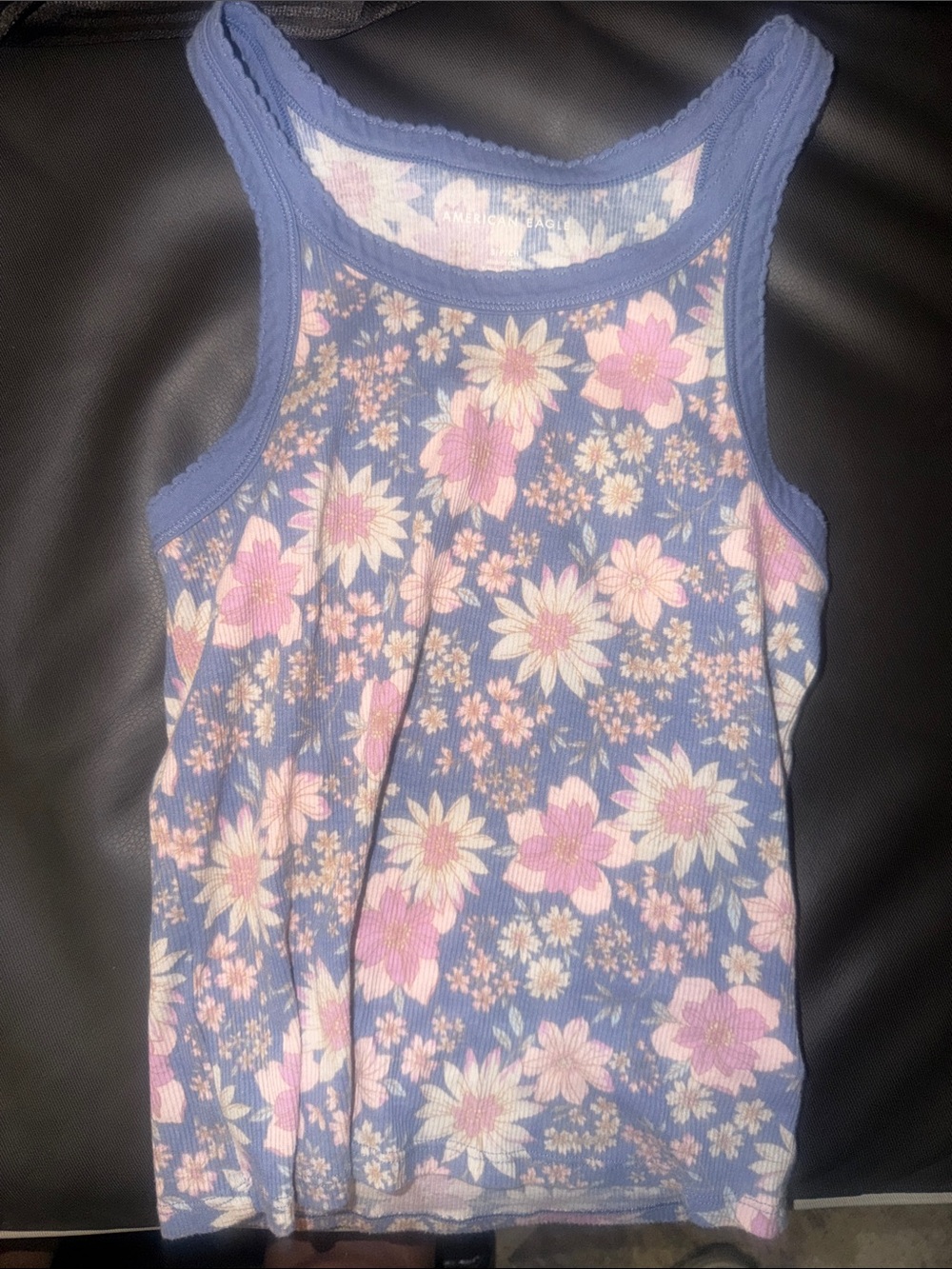 American Eagle Outfitters Blue Floral Ribbed Tank Top